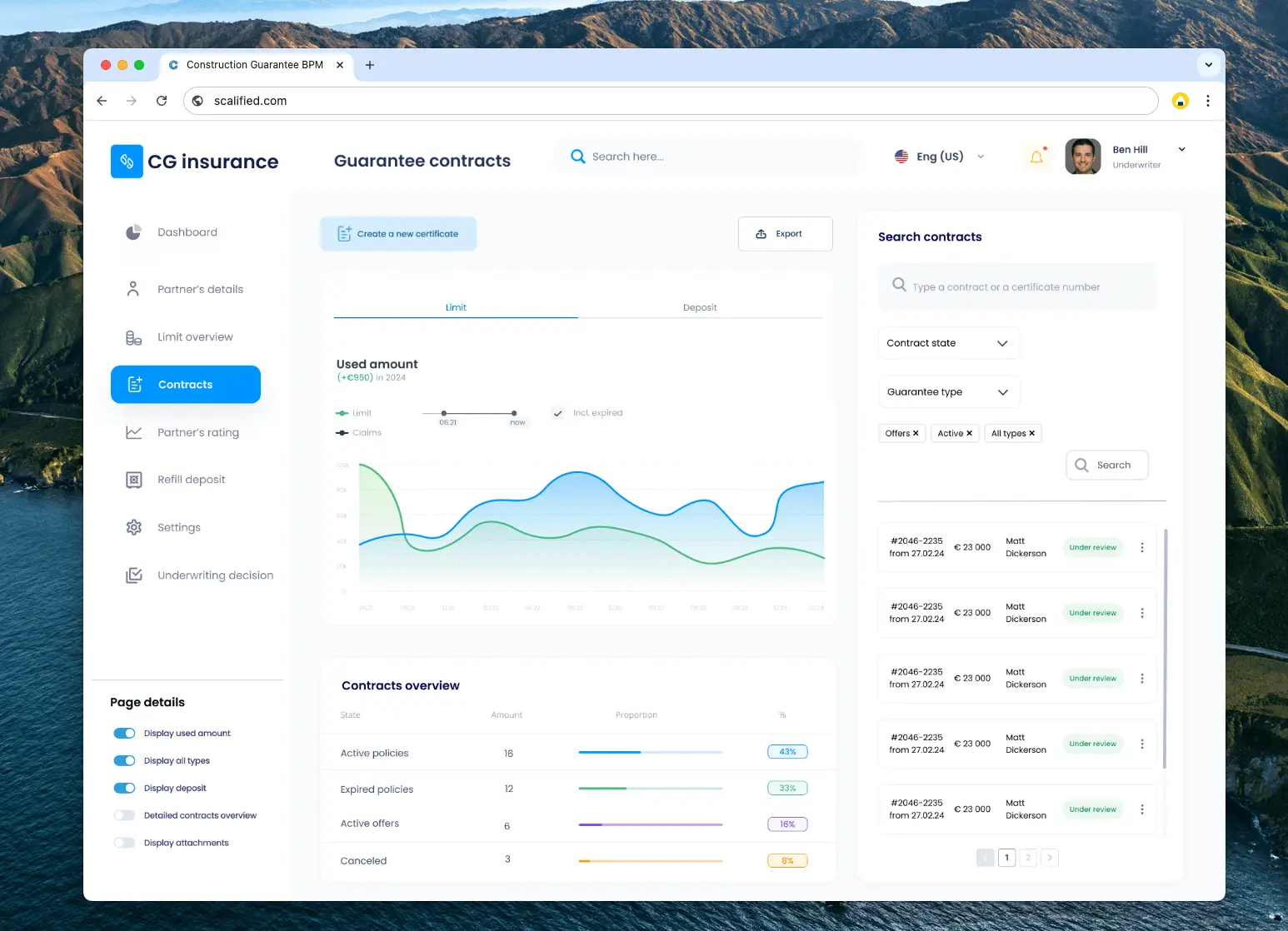 Dashboard with insurance data visualizations for risk assessment.