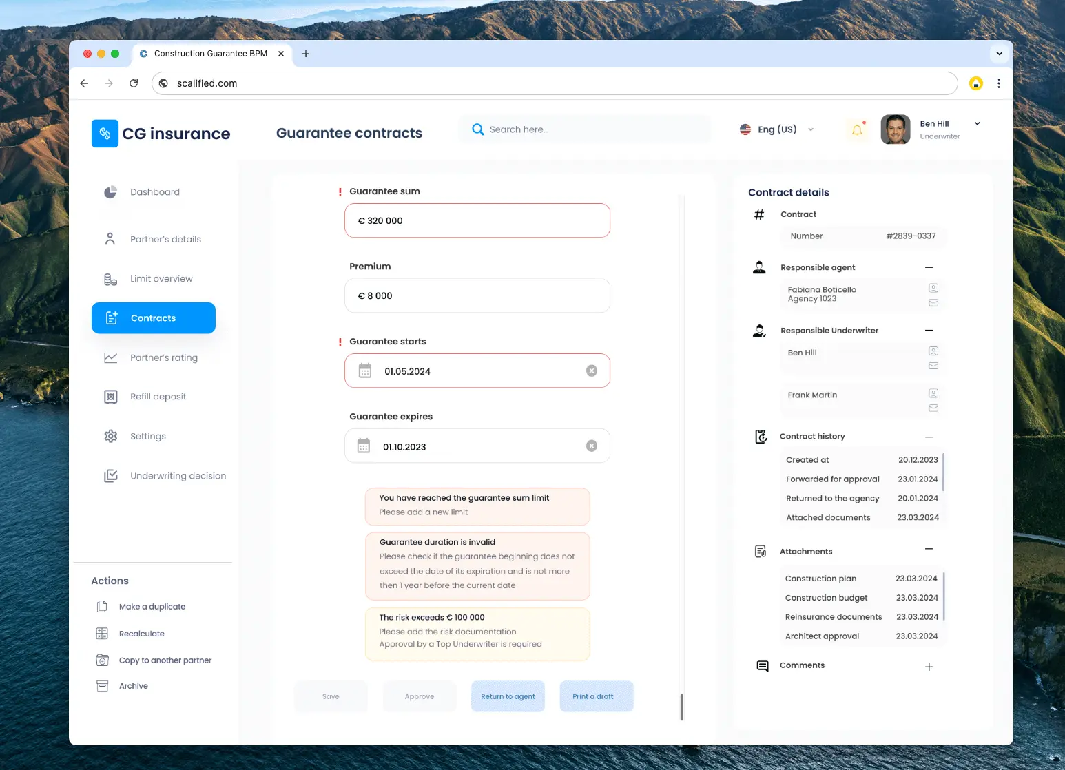 Automated risk management dashboard for streamlined contract review and risk assessment.