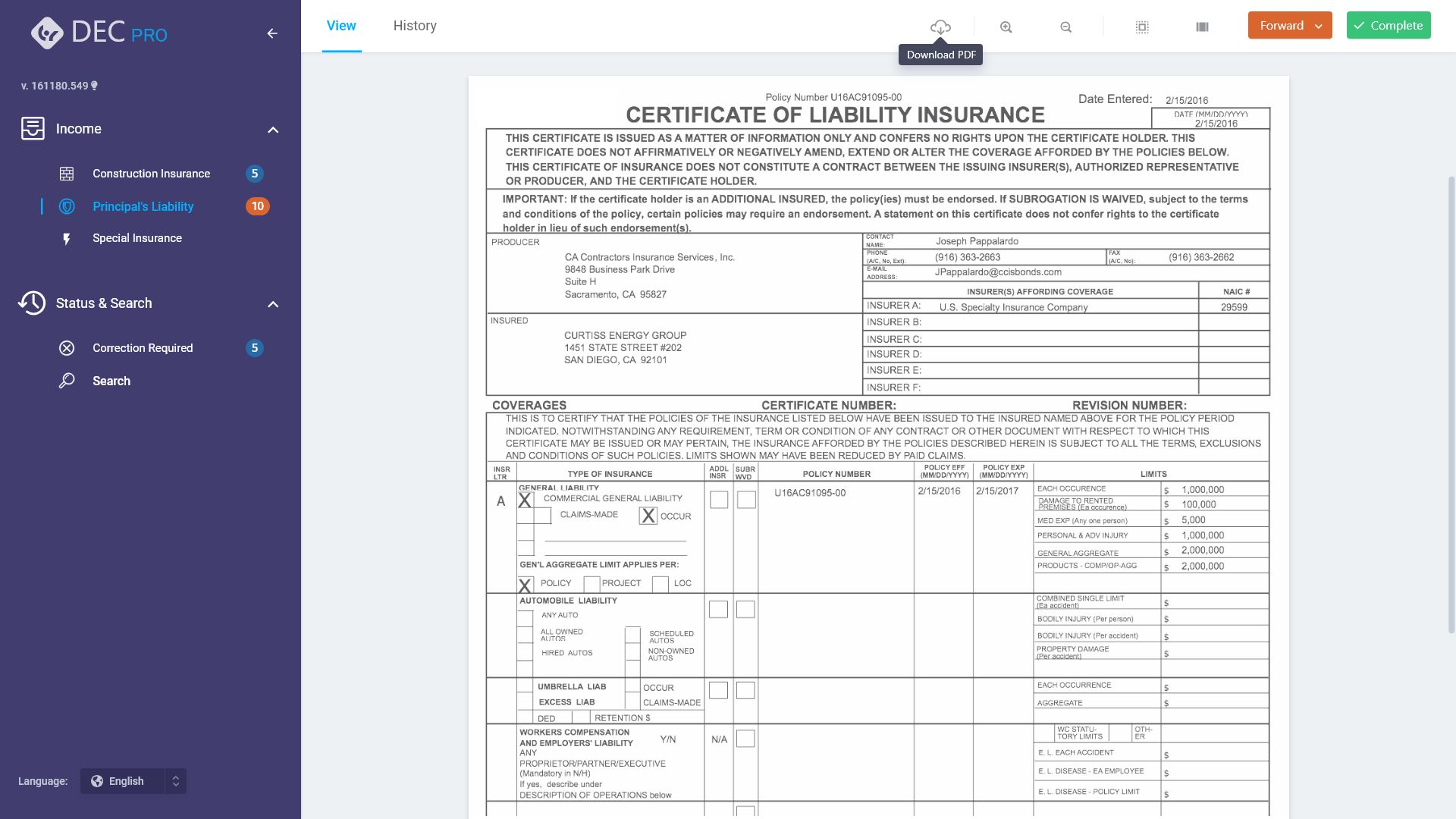 Insurance DEC page processing system