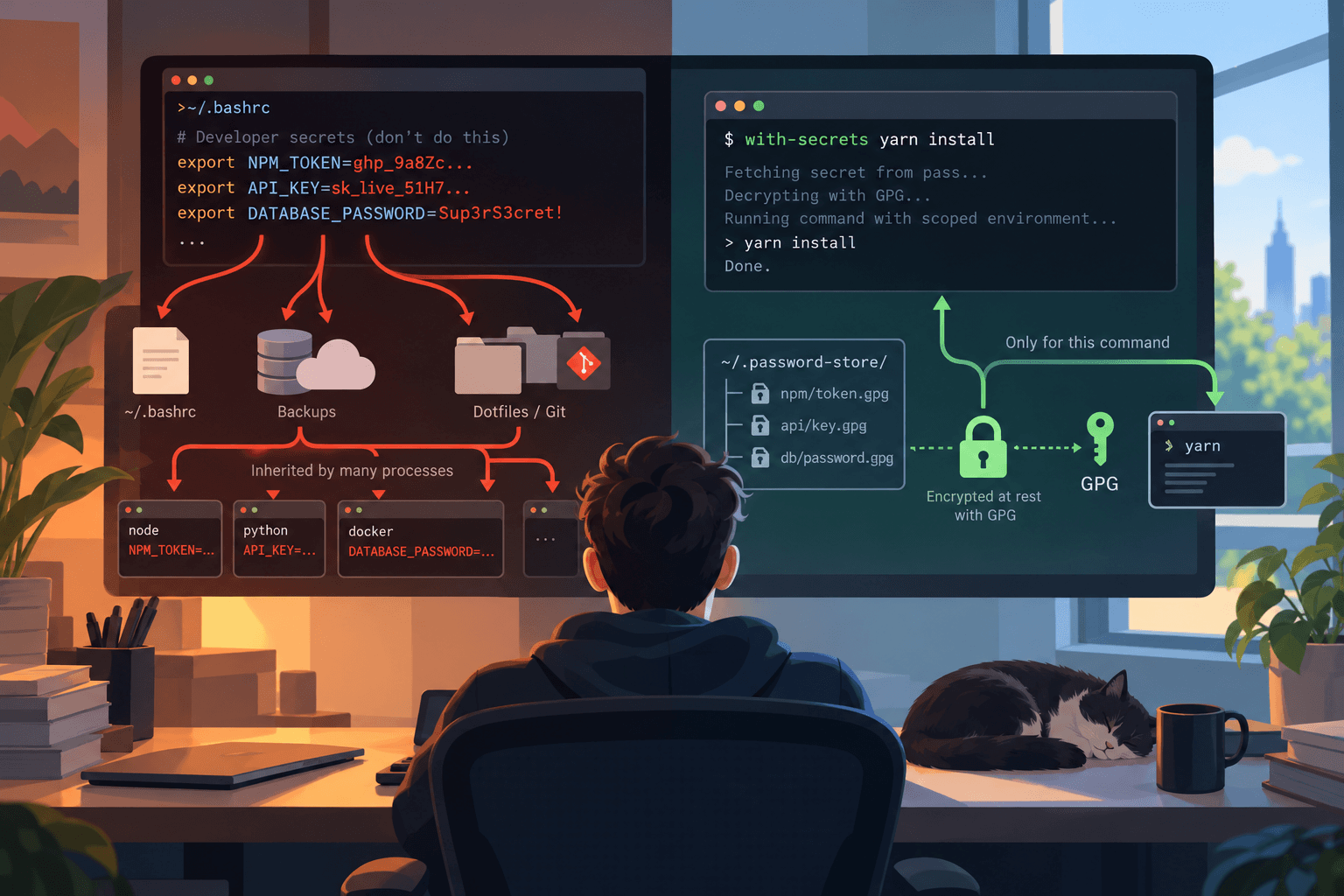 Deixe de guardar tokens de desenvolvimento no .bashrc: um fluxo de trabalho prático em Linux com pass e GPG