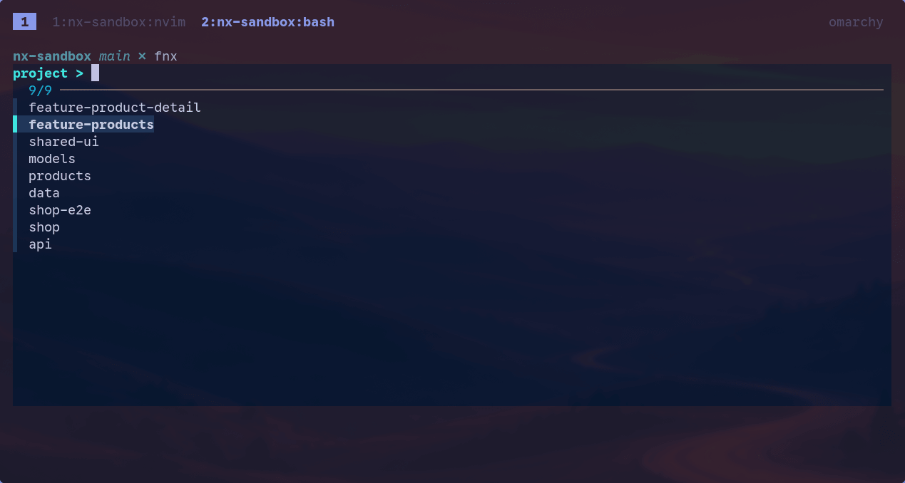 fuzzy-nx project picker in tmux, with feature-products highlighted among the workspace projects.