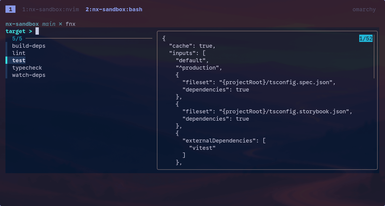 fuzzy-nx target picker with test highlighted and its configuration displayed in the preview pane.