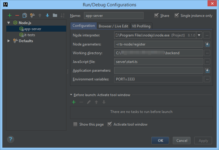 Intellij Node.js Backend Run/Debug Configuration