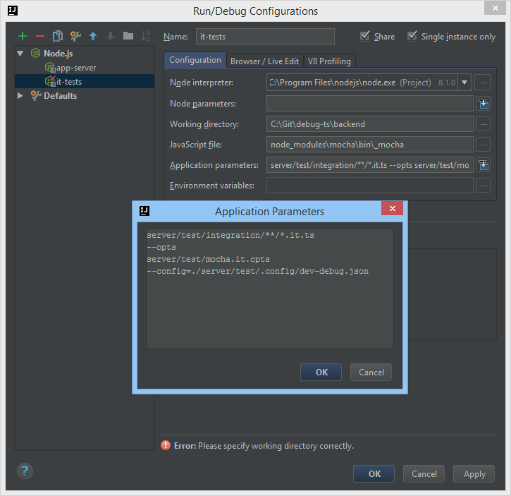 Intellij Node.js backend tests Run/Debug Configuration